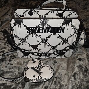 Steve Madden 2025 Black And White Crossbody Bag with Heart Accent
